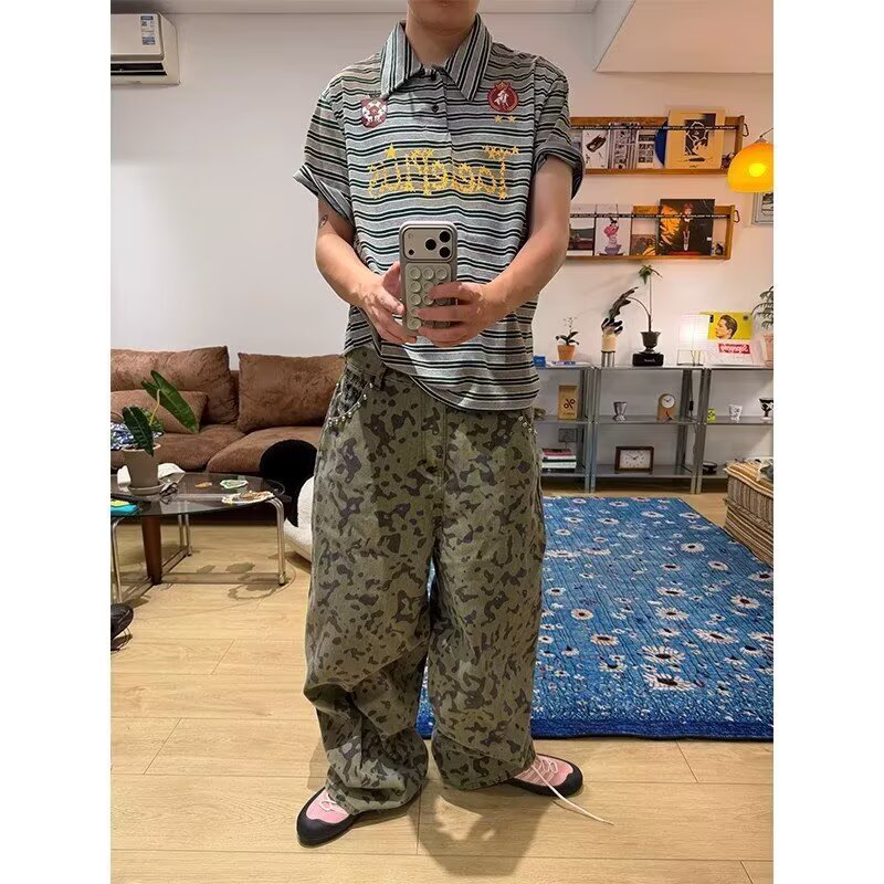 夏季美式复古小众迷彩宽松牛仔裤