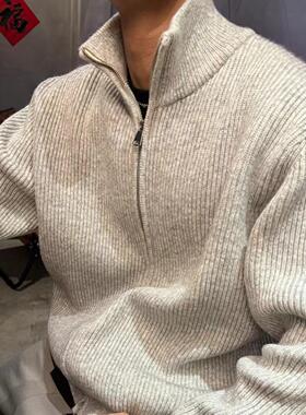 cleanfit针织开衫外套男春秋款宽松慵懒风高级感美式立领拉链毛衣