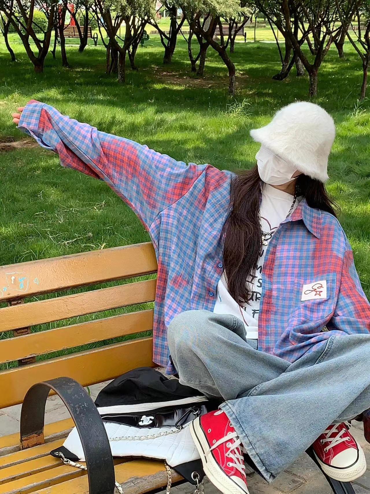美式复古撞色扎染格子衬衫秋季