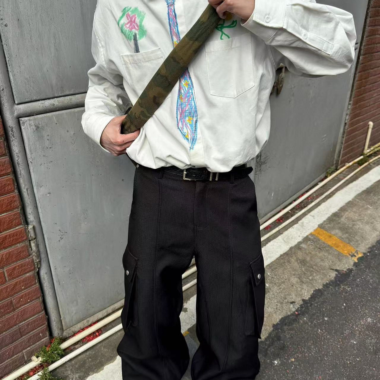 美式复古蜡笔涂鸦手绘领带衬衫男
