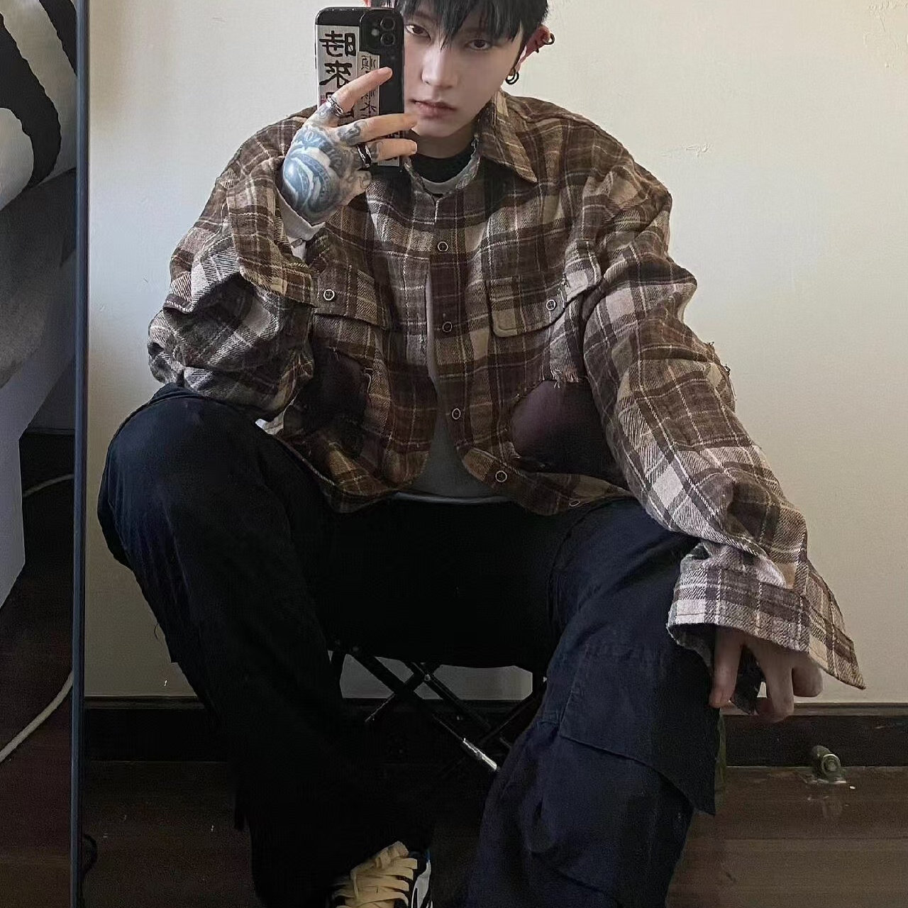 美式破坏贴布设计感水洗衬衫男
