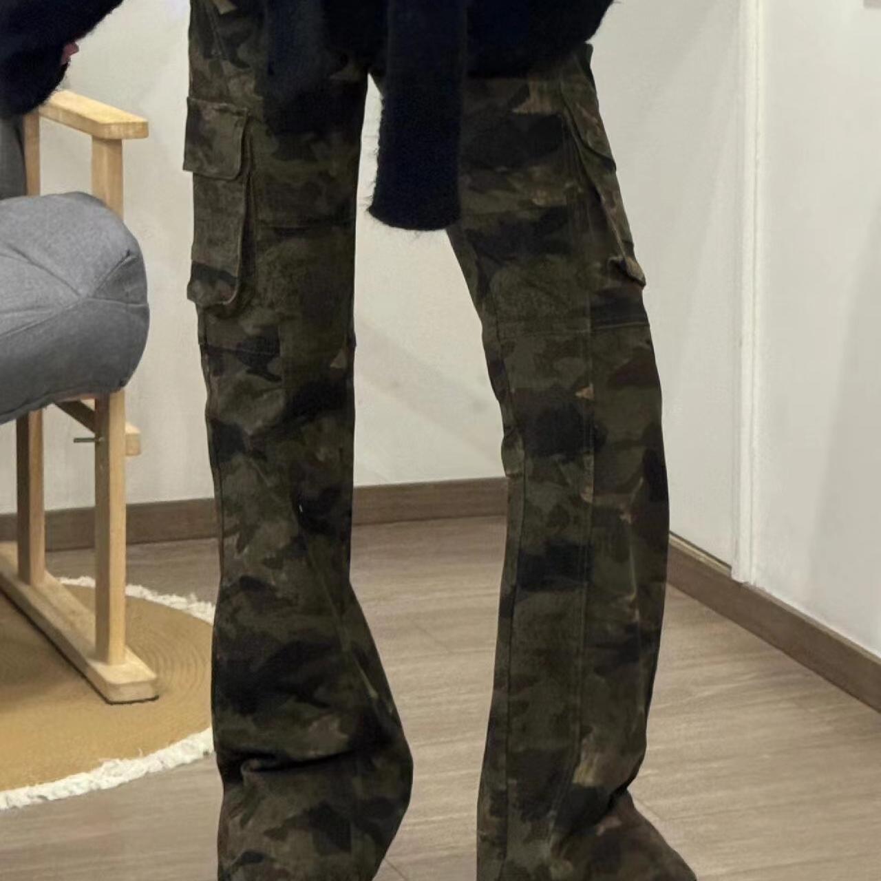 美式复古迷彩多口袋修身工装裤男女嘻哈潮vibe直筒显瘦微喇休闲裤