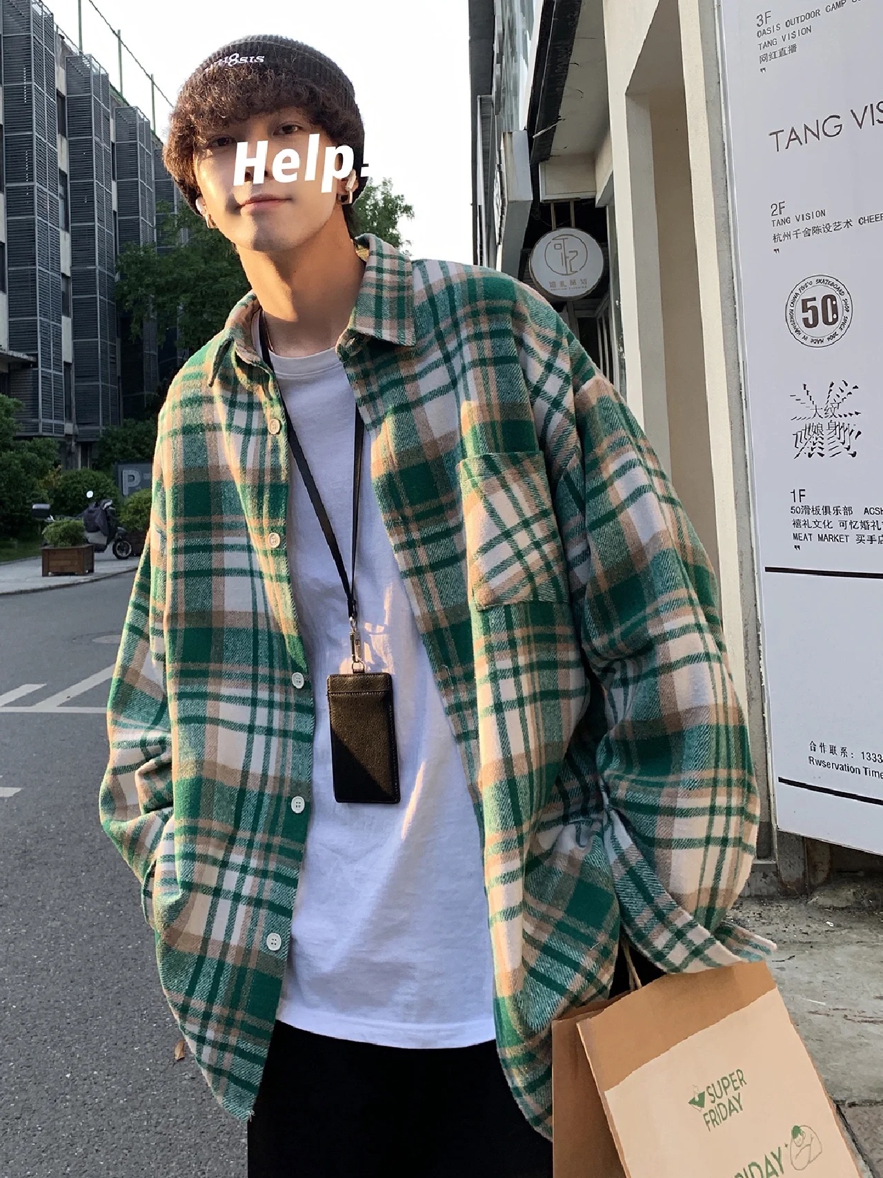 春季新款日系毛呢格子长袖衬衣男