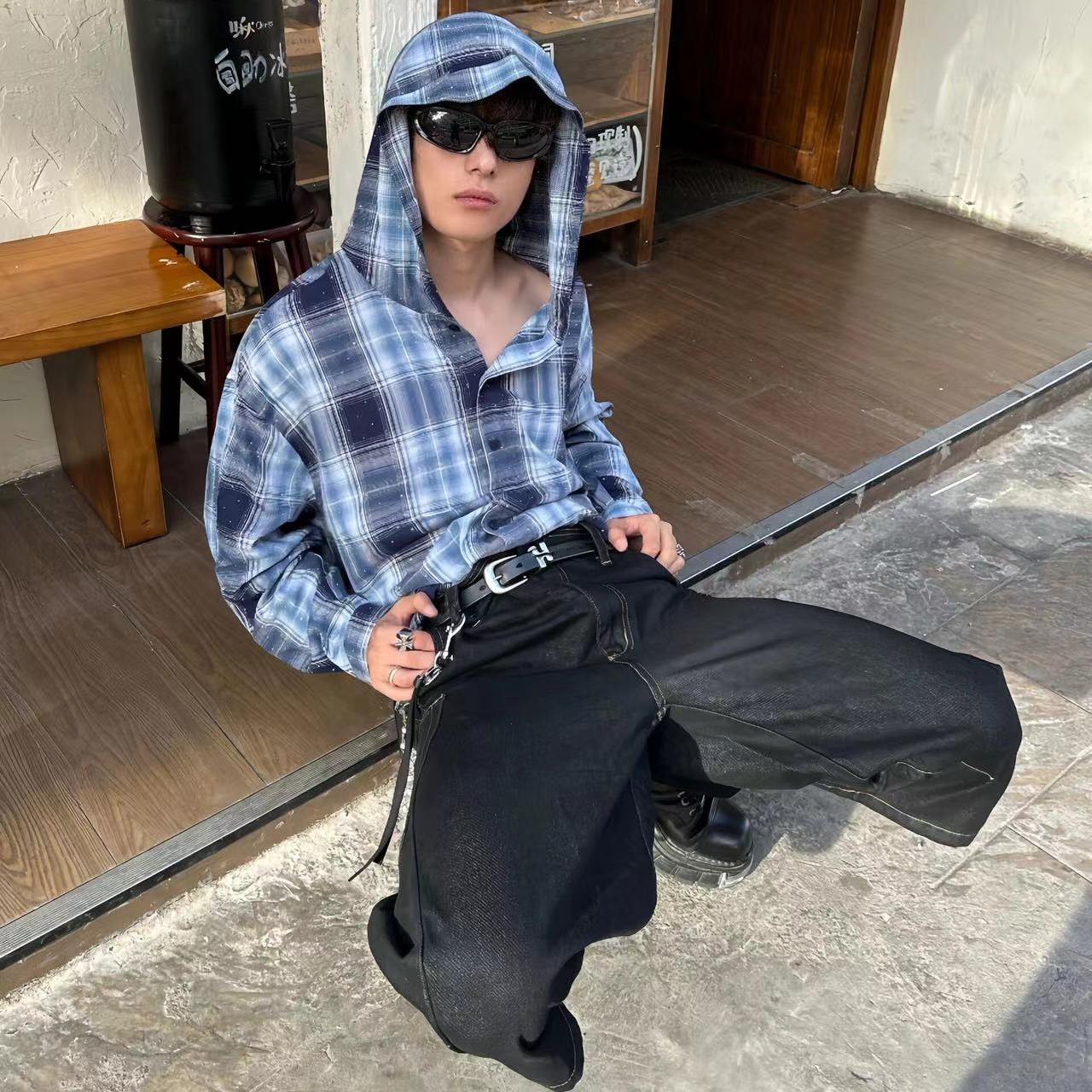 烫钻条纹格子长袖衬衫男2