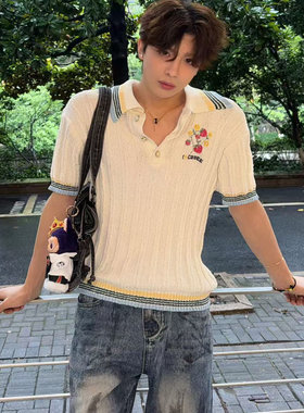 美式复古针织短袖男女夏季珍珠扣刺绣polo衫t恤宽松休闲慵懒半袖