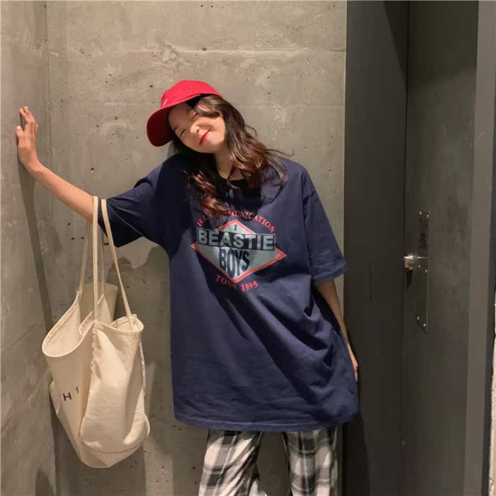 Real shot short sleeve T-shirt women's loose print medium length