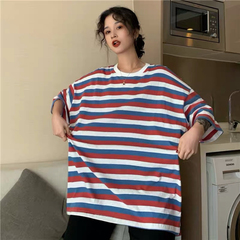 Real shot striped split short sleeve T-shirt for women