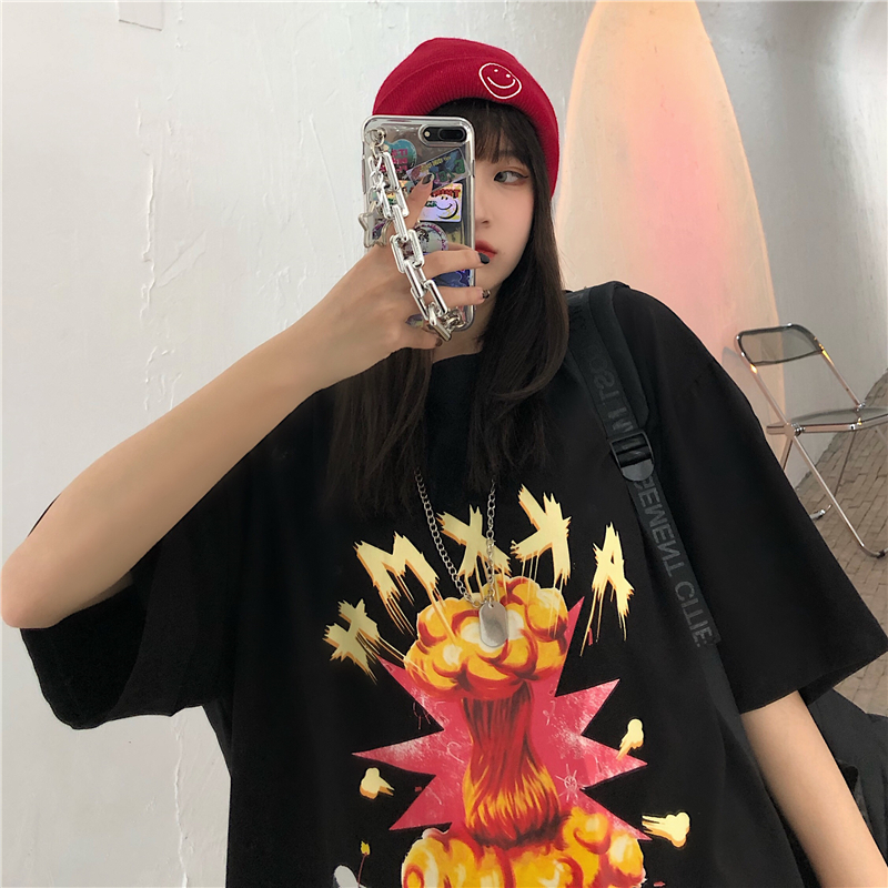 原創實拍原宿風短袖恤女寬鬆印花中長款半袖體恤