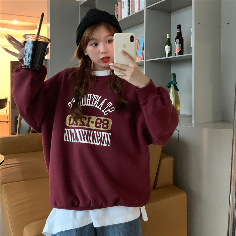 Real shot Korean salt retro letter printed loose Plush crew neck sweater