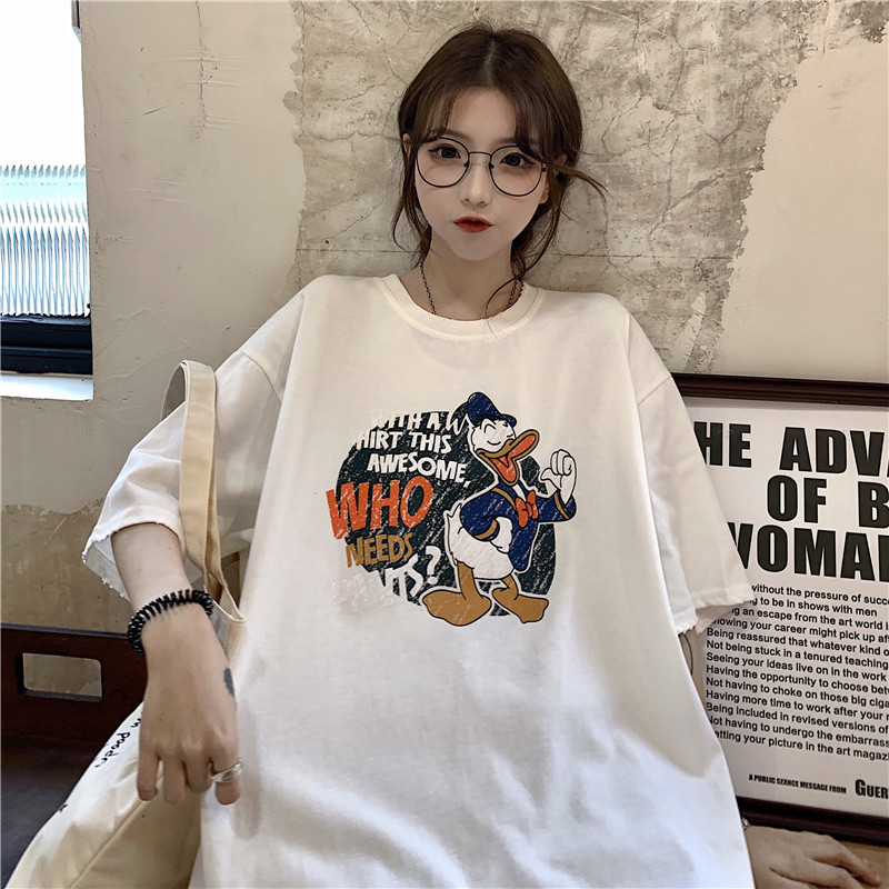 Real time cartoon print loose medium length short sleeve T-shirt