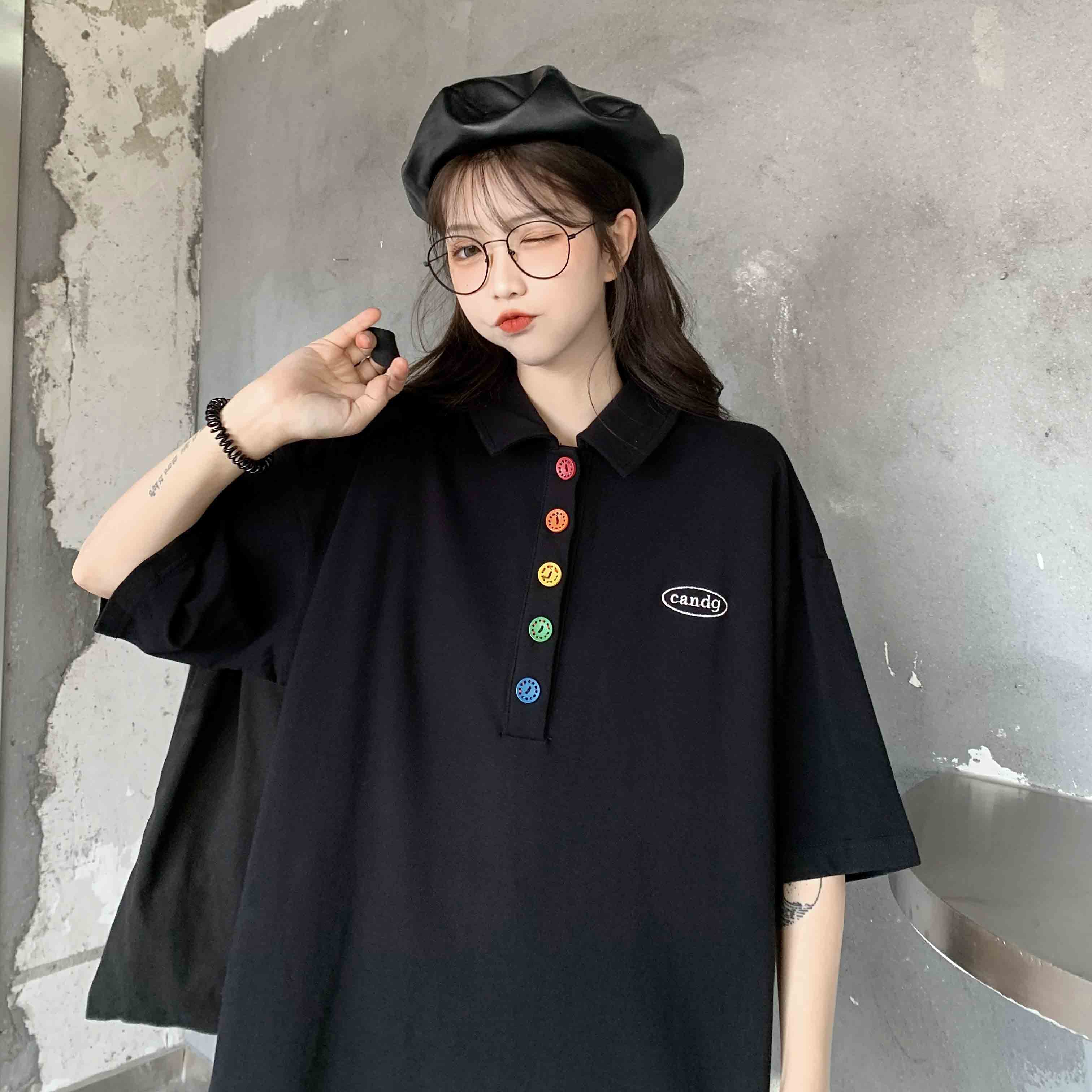 Real shot design color button letter embroidery loose short sleeve T-shirt