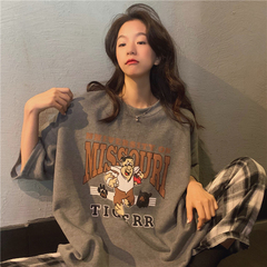 Real shot short sleeve t-shirt female cartoon print loose medium length