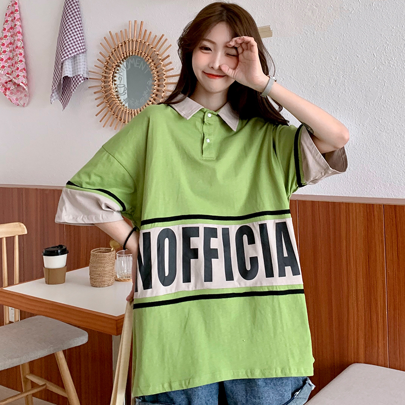 Real time Lapel shirt with stitched letters short sleeve T-shirt for women in summer