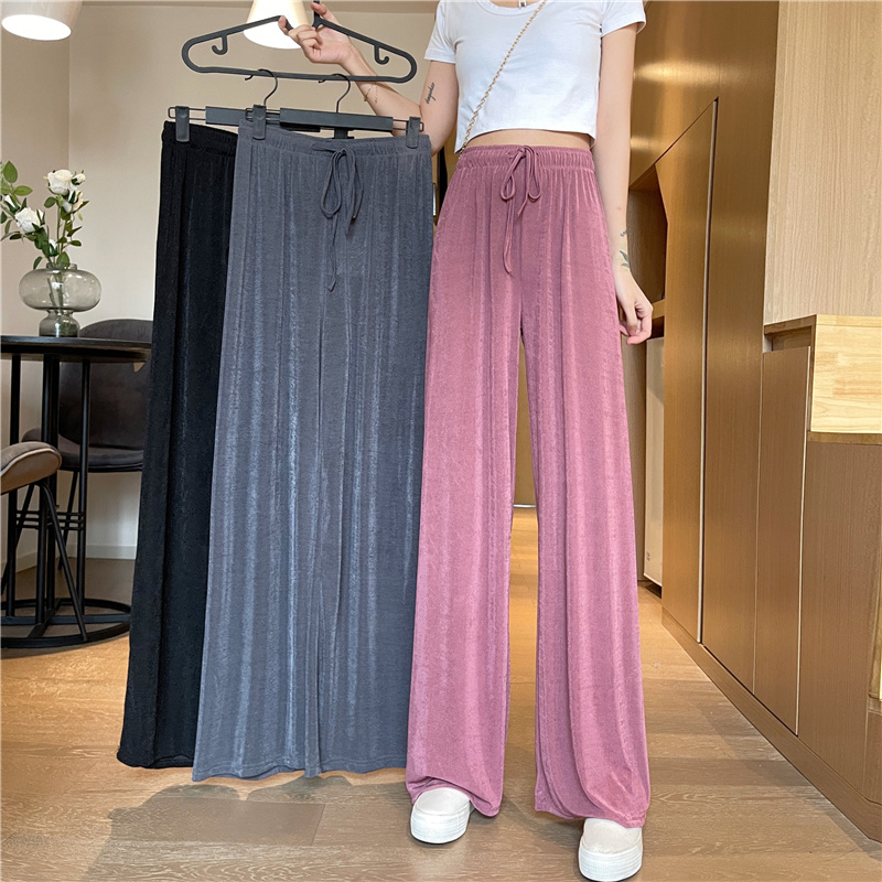 Real shot high waist down feeling floor dragging pants ice silk loose casual pants women show thin wide leg straight pants women