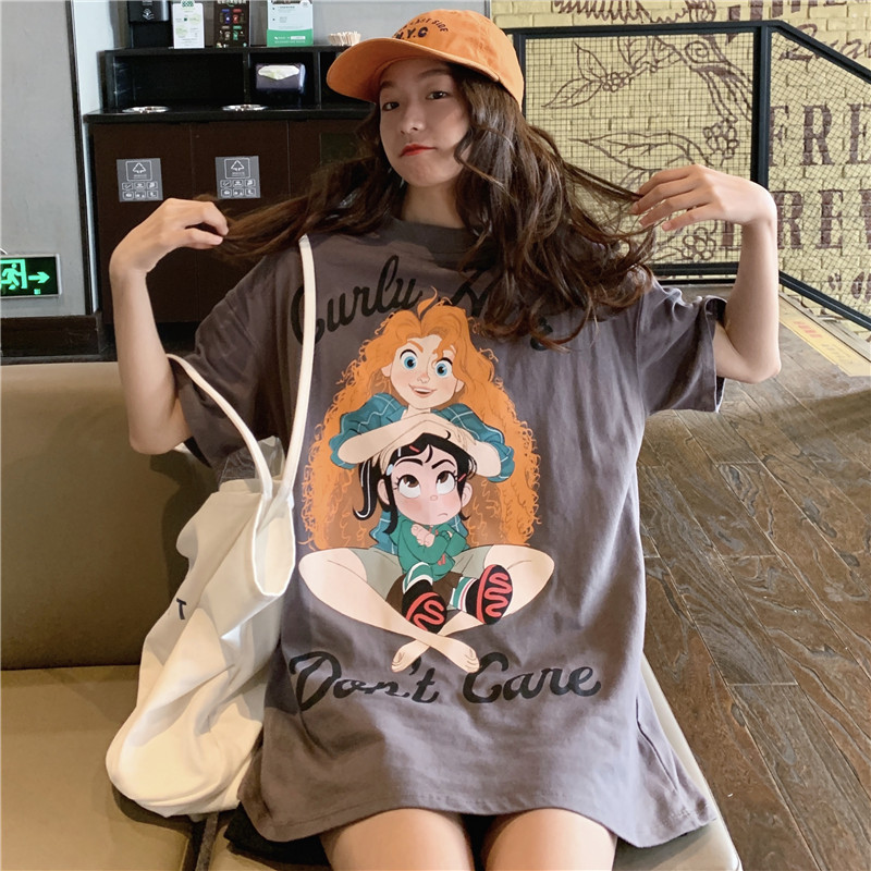 Real summer round neck cartoon printed T-shirt short sleeve girl