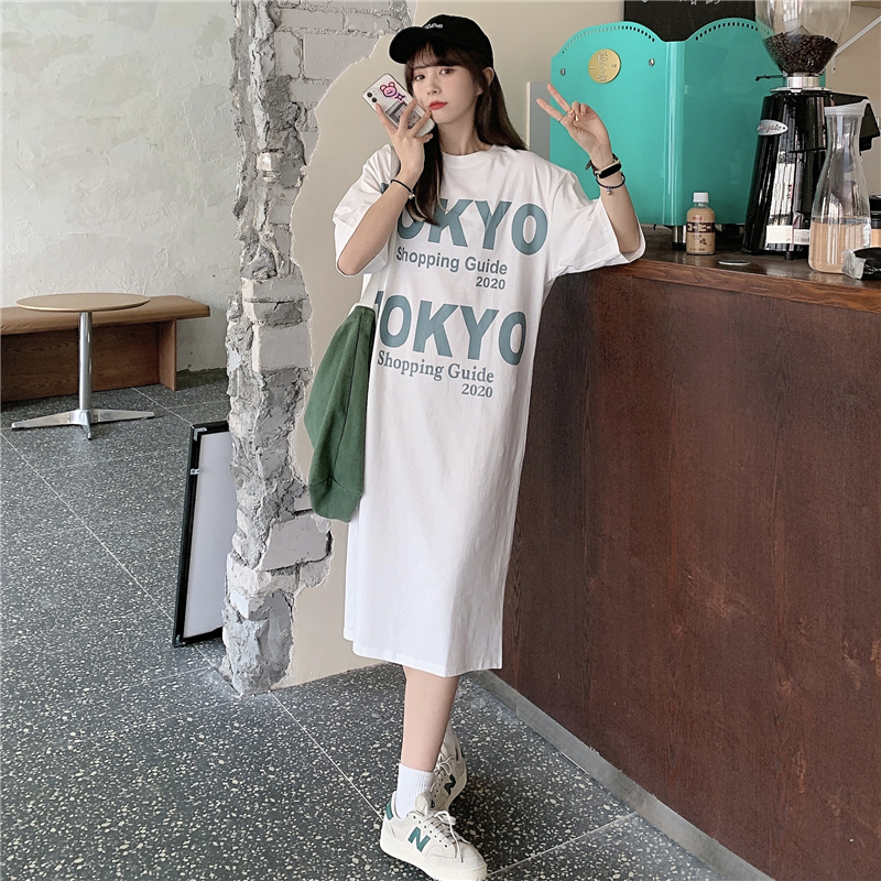 Real photo over the knee dress summer new long short sleeve T-shirt skirt women's fashion