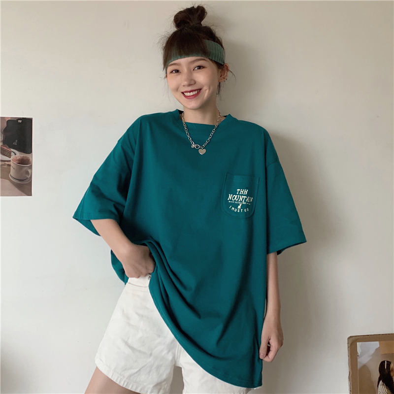 Real Korean style relaxed mid long half sleeve upper garment print pocket short sleeve T-shirt