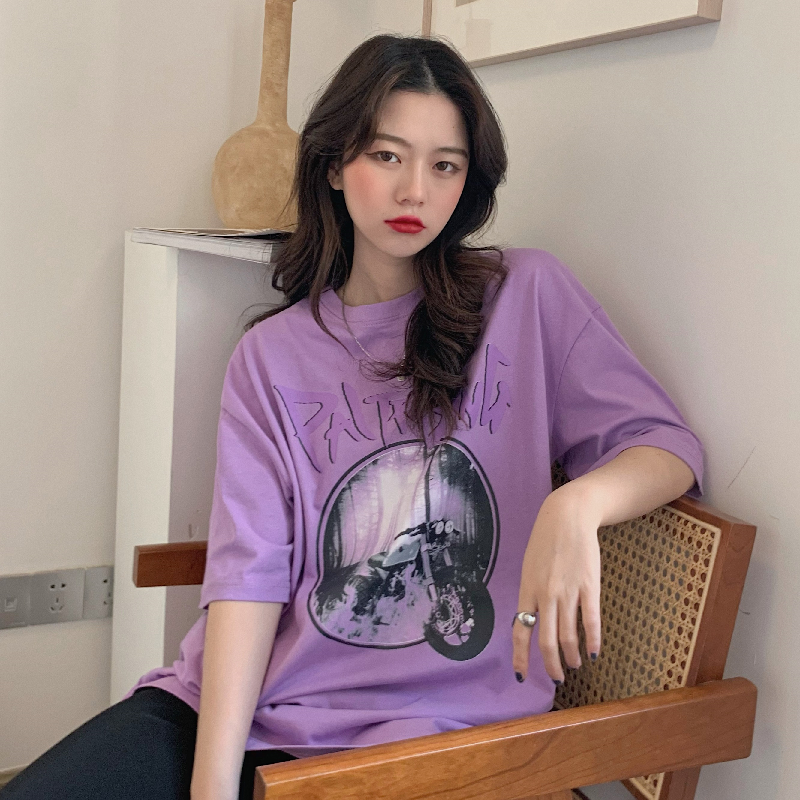 實拍短袖t恤女夏季原宿風香芋紫色寬鬆半袖上衣服