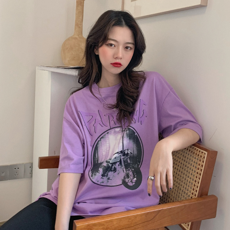 Real shot short sleeve t-shirt female summer Harajuku style taro purple loose half sleeve upper garment