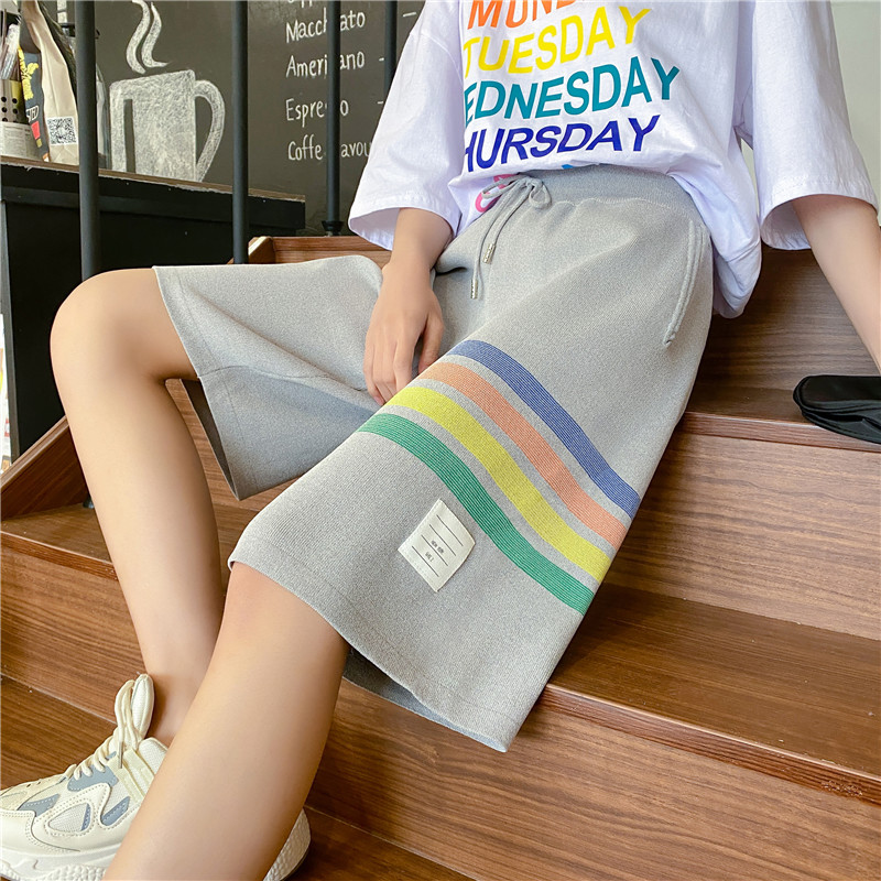 Real shot Rainbow Stripe loose Capris casual shorts for women