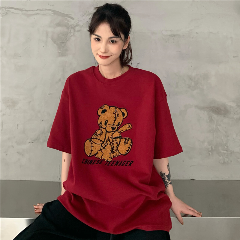 Real time embroidery Plush Bear cartoon loose short sleeve T-shirt