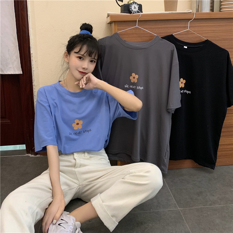實拍印花寬鬆短袖恤女夏季新款韓版