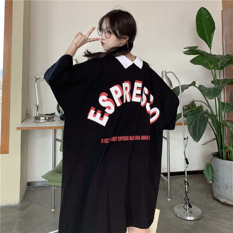 Real shooting Lapel long T-shirt skirt short sleeve super fire CEC foreign style half sleeve straight tube dress