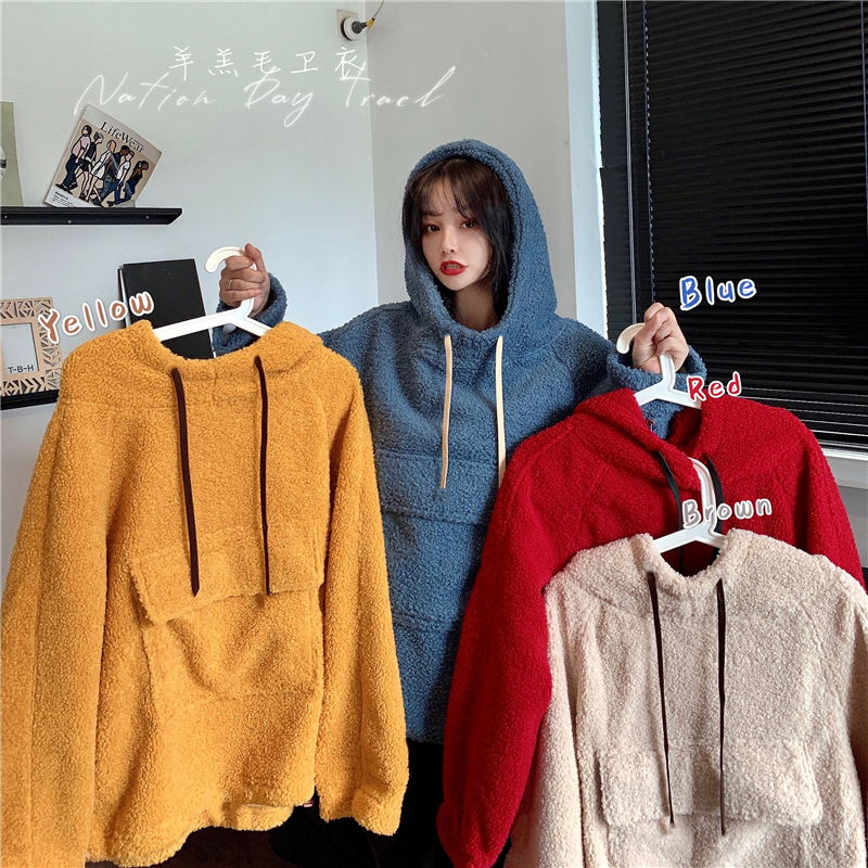 Real shot lambs sweater women's loose casual top thickened large pocket cashmere coat