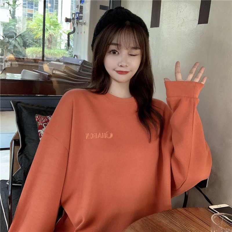 Real shot embroidery letter loose medium length Pullover Sweater