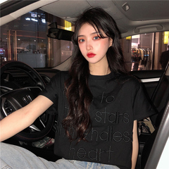 實拍 立體字母刺繡純色短袖T恤女