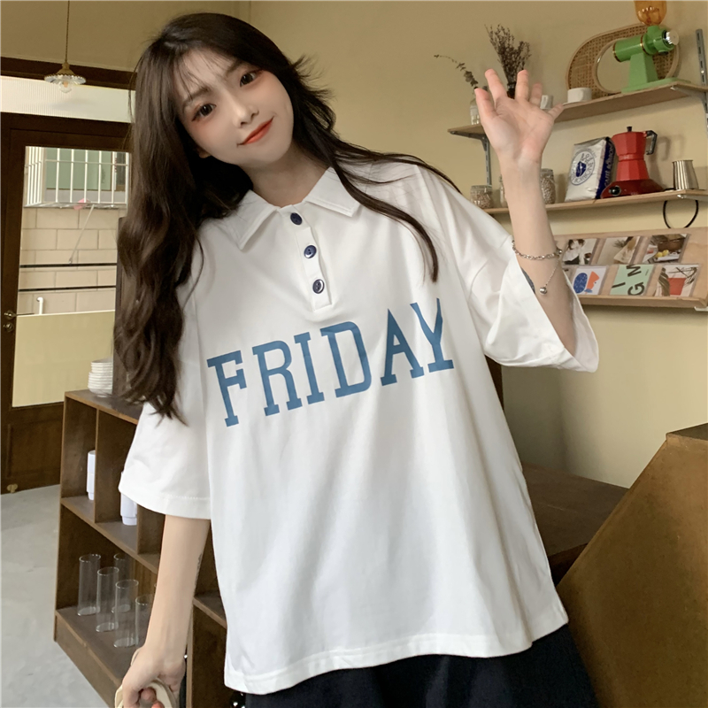 Real shot letter printed short T-shirt women's collar loose academic style