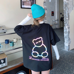 Real shot laser reflective bear print short sleeve T-shirt women's Korean loose top