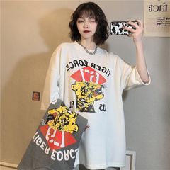 Real shot short sleeve T-shirt women's bottom shirt creative printing loose medium length half sleeve upper garment