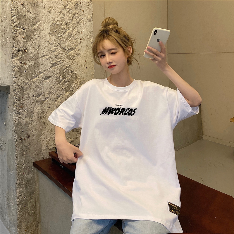 Real shot of Harajuku Korean style loose letter short sleeve T-shirt girl