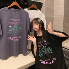 實拍短袖t恤女韓版ins中長款寬鬆印花減齡圓領上衣