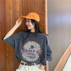 實拍復古印花短袖恤女寬鬆中長款半袖上衣服