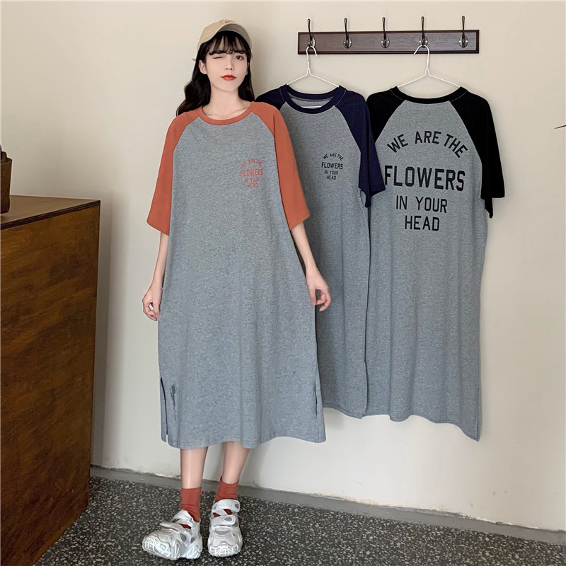 Real shot summer Korean knee length short sleeve women's mid length lazy loose T-shirt dress