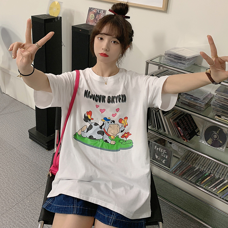 Real shot of Korean Academy style new loose print short sleeve T-shirt for students