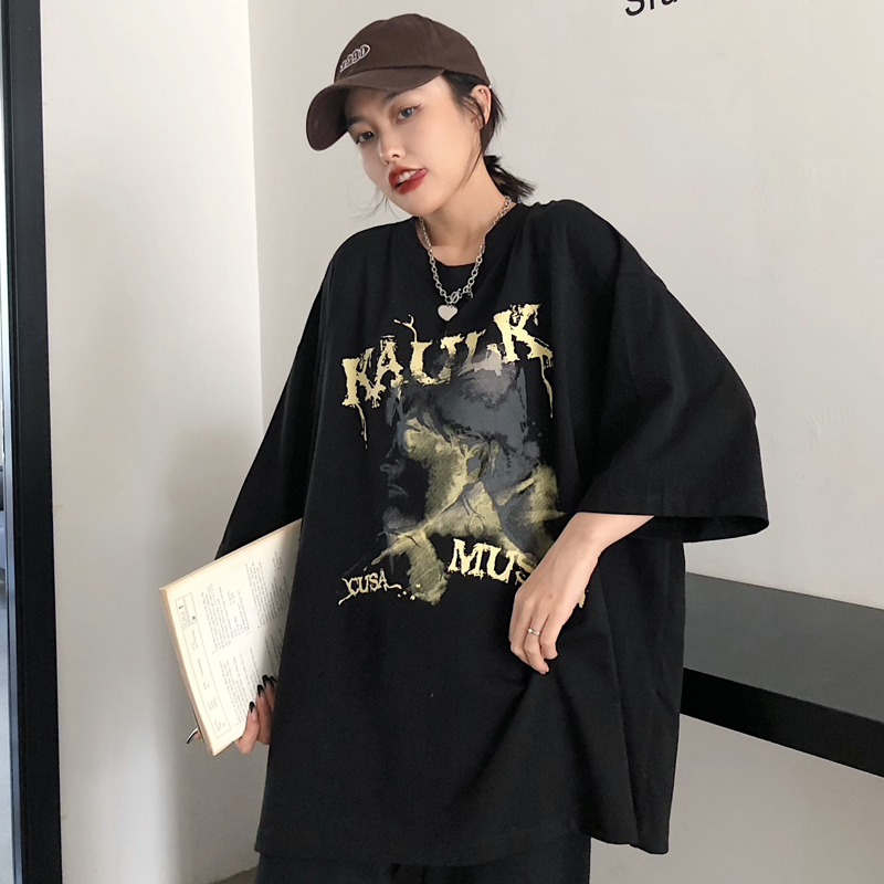 Real T-shirt women's summer Harajuku style loose print Korean medium long short sleeve top