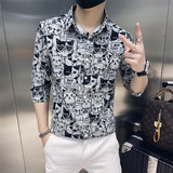 B302CS2482021年夏装小猫印花中袖衬衫社会小伙风，男装衬衫，电商B216（原B302）