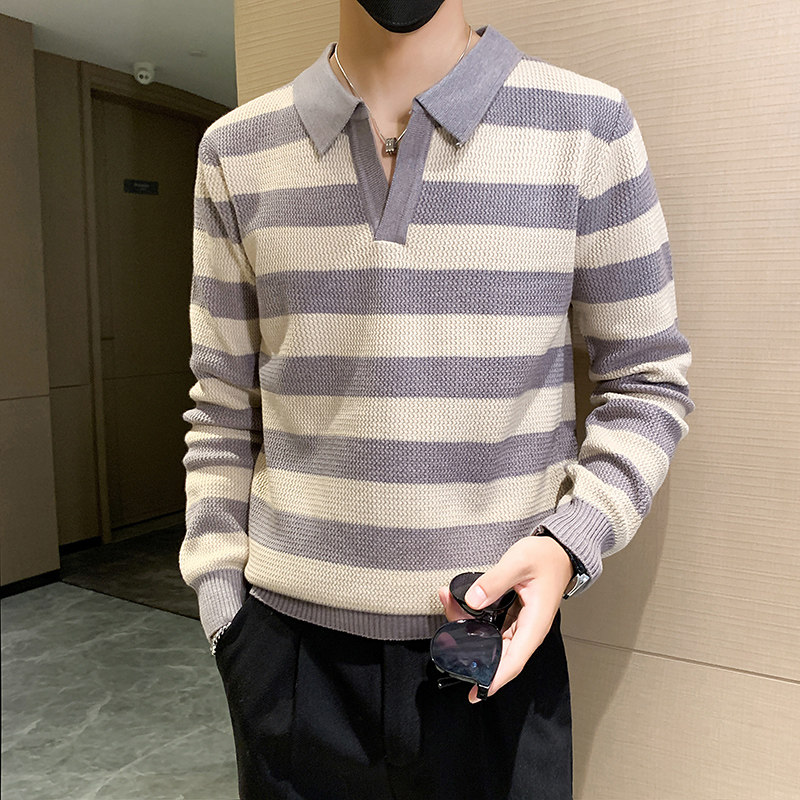 B216MY5150p602024秋冬新款翻领条纹毛衣英伦针织衫男社会风,男装针织衫/毛衣,电商B216（原B302）