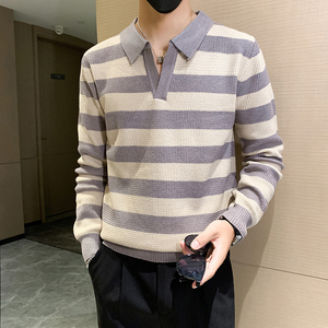 B216 MY5150 p60 2024秋冬新款翻领条纹毛衣 英伦针织衫男 社会风图片