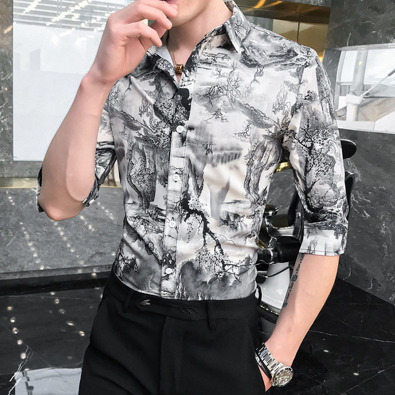 B302 CS145 2021夏装男士山水画男中袖衬衫潮 店主风图片