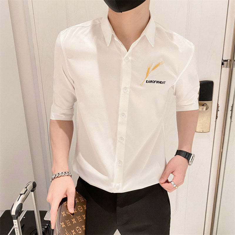 B302 CS236 2021夏男麦穗刺绣衬衣中袖衬衫 社会无头风图片