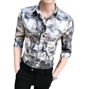 B302 CS145 2021夏装男士山水画男中袖衬衫潮 店主风图片