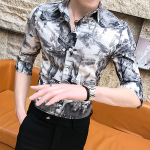 B302 CS145 2021夏装男士山水画男中袖衬衫潮 店主风图片