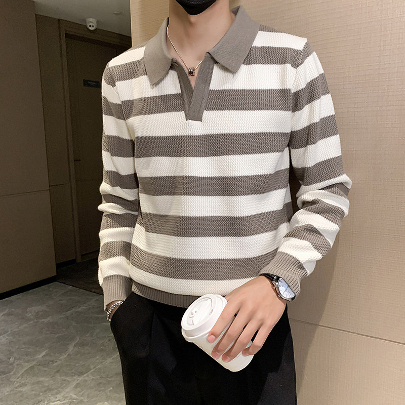 B216 MY5150 p60 2024秋冬新款翻领条纹毛衣 英伦针织衫男 社会风图片