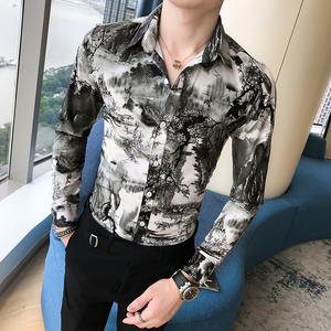 B302 CS64 2021春装新款 山水画衬衫 男士印花衬衣 店主风图片