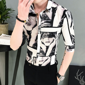 B302 CS138 2021夏装男士七分袖印花 工装衬衣图片