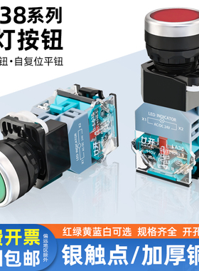 带灯复位按钮开关LA38-11D平钮启动按钮22mm红绿平头自锁开220v